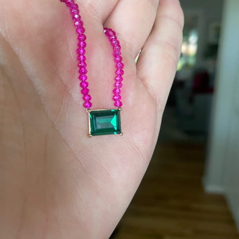 Fun Colorful Green and Hot Pink Gemstone Necklace